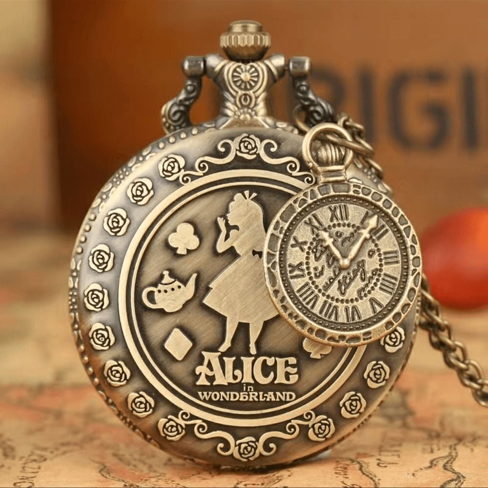 Alice in wonderland Quartz pocket watch. With Cheshire cat on the back.